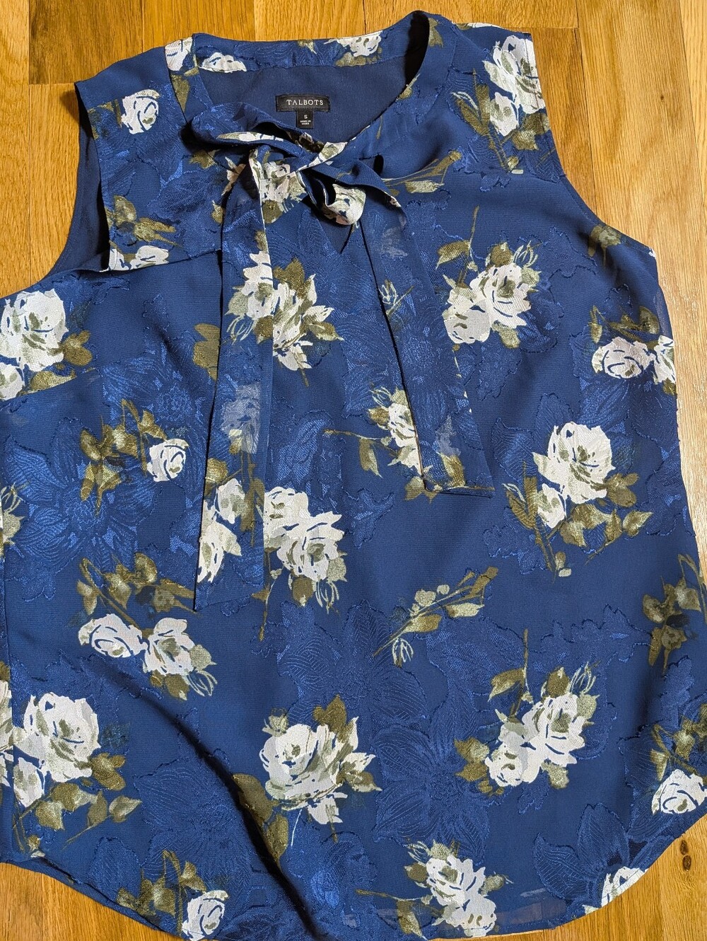 Talbots Navy Blue Floral Tie-Neck Sleeveless Top